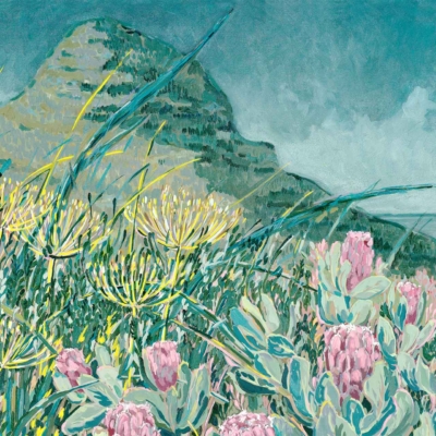 A vibrant painting of a natural landscape wallpaper features a lush field in the foreground filled with abundant yellow and pink wildflowers. In the background, a green, sloped mountain reminiscent of Lion’s Head rises against a cloudy blue sky. The scene is serene and rich in color: green fields, yellow and pink flowers, lush greenery, sloped mountain with hints of brown rocky textures, blue sky adorned with fluffy white clouds.